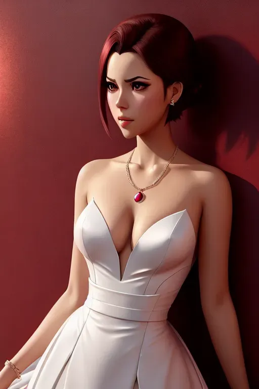 a digital painting of,zero two,wearing empress dress,leaning against the wall,small breasts,five fingers per hand,short hair,charming face,beautiful lips,brown eyes,curved eyebrows,curved eyelid,wearing necklace,professional,artstation,8k,editorial,cgsociety
