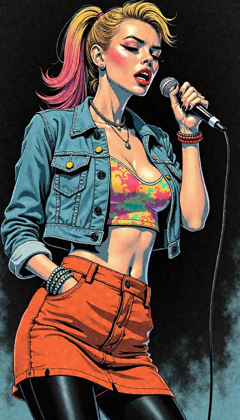 Debbie Salt, graphic novel style, full-body portrait, bold black linework, halftone emotion, pastel-glazed heartbreak, popstar with knife-lined mascara, glitter in the blood, bruised neon stare, saccharine defiance, heartbreak drawn loud
hand-drawn comic illustration, thick ink contours, grainy halftone texture on skin and shadows, stylized lighting, teased layered hair with pastel ends and uneven crown, flushed cheeks, glossed lips drawn tense, eyeliner sharp and heavy, tired wide eyes inked with static, posture locked in mid-note, pain pressed into ink
fiery orange miniskirt, bedazzled cropped denim jacket with mismatched buttons, tie-dye tank top with stylized wrinkles, matte black leggings, stacked bracelets in uneven clusters, chipped black nails, mic gripped in a tense hand, stance wide and still, body language inked with regret, vulnerability masked in motion
pastel spotlights over stage fog, background blacked out in shapes and streaks, mic cable curved like a signature, speaker stacks like concrete witnesses, floor scattered with glitter, shadow behind her stretched like backup
she sings like a confession held too long, her voice cracked at the edges, mascara still intact, meaning running out the sides
no chorus, just consequence