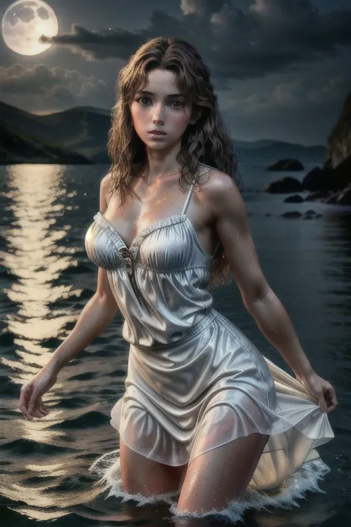 (Best of the best quality),(an 8k ultra Realistic),<lora:dpmg_add_detail:1>,(close body shot), (lit only by moonlight) , ((nightime lighting)), (documentary photo by national geographic of a renaissance-era italian teen royal), (brown hair), (pale skin), medium breasts, (wearing wet white night dress), (she is wading out intp waist deep water), (((she has her back to the camera))),((athletic body)),(((accurate highly detailed face))),((accurate female Anatomy)),(five finger per hand),(pale tanned skin tone),(36 C-cup round breast),(five fingers per hand),(five toes per foot),(detailed beach at night),((masterpiece standard for features),((detailed hair features)),((detailed accurate facial features)), ((detailed arms features)), (beautiful mouth lips),correct human tongue, correct human ears, (very dark), wet,