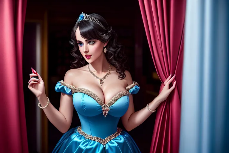 a photograph of,lisa,wearing princess dress,walking,at the convenient store,big breasts,five slender fingers,wavy curtain bang,gorgeous face,beautiful lips,blue eyes,curved eyebrows,joyful,wearing necklace,sharp focus,surreal,cinematic lighting,editorial,smooth
