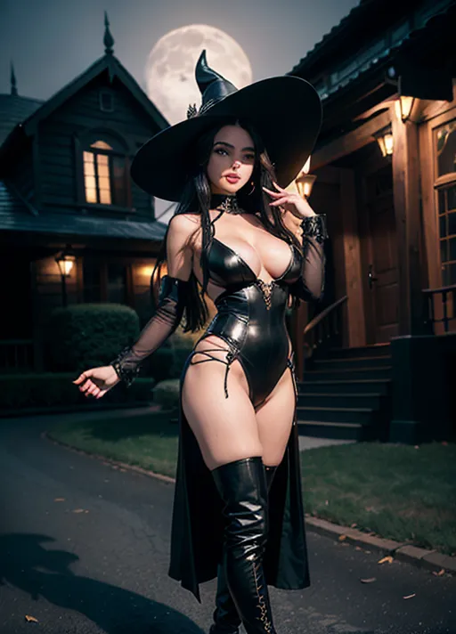 ((full-length photograph)) Insanely detailed and intricate, highly detailed Realistic photo of, (((full-body image of a gorgeous woman))), slim woman, long black hair, wearing black witches outfit, pointed hat, topless, breasts exposed, black skirt, knee length leather boots, model face, sexy smile, head in shot, legs in shot, feet in shot, medium breasts, five fingers each hand, sexy pose, out side a spooky mansion, night time, moonlit night, sharp focus, looking into camera, (standing pose), natural breasts ,five fingers per hand, accurate face, beautiful face, beautiful lips,((realistic eyes))),curved eyebrows, curved eyelid, textured skin, bokeh, (detailed skin)((real skin texture))((real skin))((((entire body in frame))))