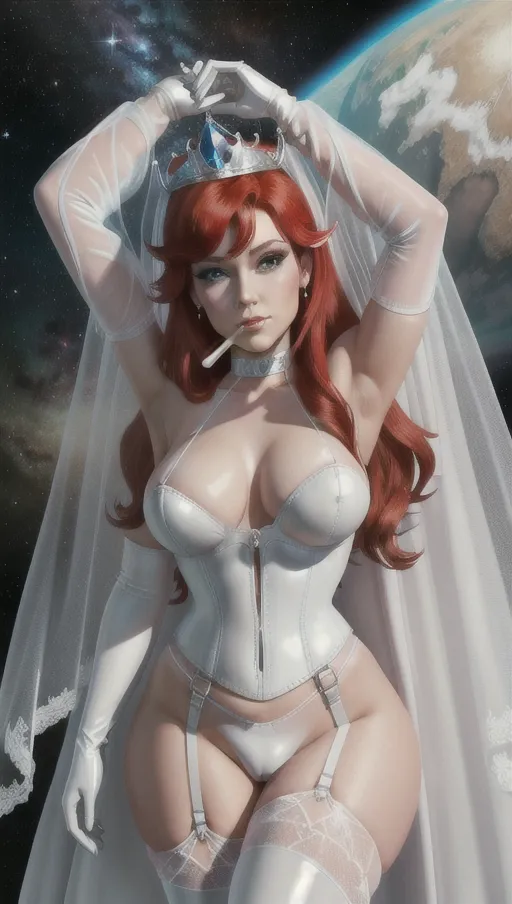 Princess Ariel, disney, flat chest, thick thighs, small breasts, muscular, battle in space, no panties, stockings, another shemale hard cock in her mouth, anal penetration, dripping in cum, covered in cum, shemale cock, erected cock, hard cock, white shiny latex corset, harness oh hips, choker, white leather high stripper boots, visible futa cock, white wedding veil, white latex gloves and lace, ultra details, 8k