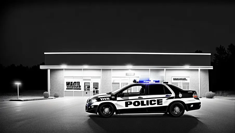 digital photo of walmart, modern, police car outside, night, small road, black and white, haze