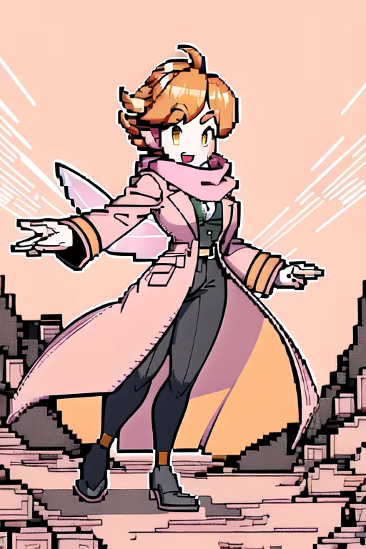 (masterpiece:1.2), (best quality), (ultra detailed), (8k, 4k, intricate), (highly detailed:1.2),(detailed face:1.2), (detailed background),detailed landscape, (dynamic pose:1.2), <lora:pixel_art:0.7>((pixelart)) , detailed landscape, 1person gender neutral, androgynous , orange colored hair , firey orange eyes, medium length messy mullet hairstyle with pink sweatband , fairy pokemon trainer , pink long striped coat with yellow inner shirt , pink starry eyes star shaped eyes , very excited expression, pink scarf around neck, detective pink trench coat on, black professional pants on, background in ruined rundown city , ready pose , battle pose ((masterpiece))<lora:manga_lineart:1>