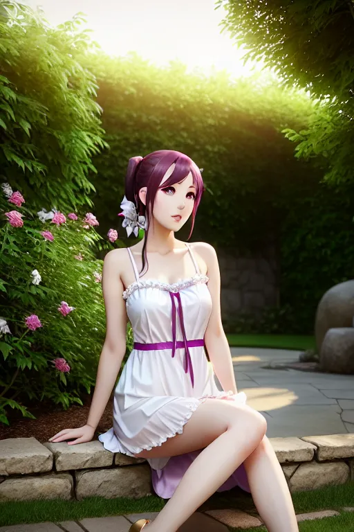 a photograph of,senjougahara hitagi,wearing nightgown,sitting on bent knees,in the garden,five fingers per hand,ponytail,charming face,beautiful lips,green eyes,curved eyebrows,pale skin,romantic,wearing golden ring,cinematic lighting,cgsociety,8k,smooth,sharp focus