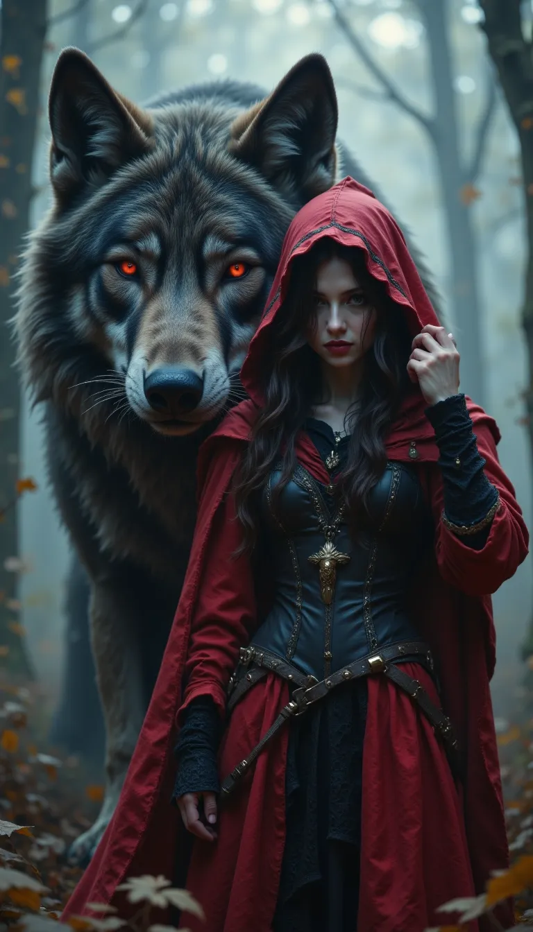 R3alisticF, Highly detailed and dramatic digital artwork featuring a young woman and a large wolf in a misty forest. The woman has pale skin and long dark hair, partially covered by a red hooded cloak. Her attire includes a corset and a flowing red skirt with black lace details. She stands confidently with one hand on her hip and the other touching her hood. The wolf beside her is enormous, with a thick, dark gray fur coat and striking red eyes, exuding a sense of power and mystique. The background is a foggy forest, adding an ethereal atmosphere to the scene. The image is detailed and vibrant, with a focus on the contrast between the red of the woman's cloak and the muted tones of the forest and wolf