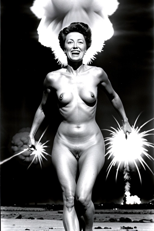 Naked woman with a nuclear bomb going off behind her.