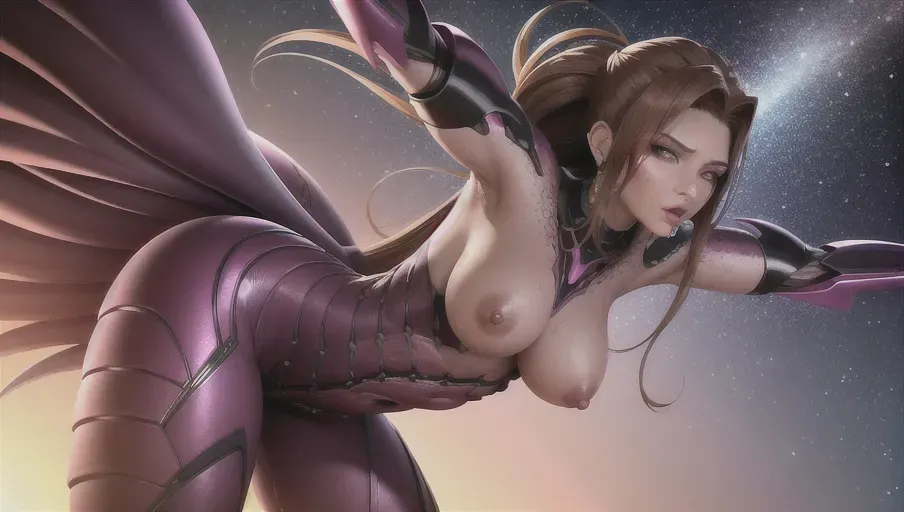 Starcraft, queen of blades, zerg, infested Kerrigan, Sarah Kerrigan, ((1girl, solo), zerg kerrigan), dreadlocks, purple skin, orange eyes, monster girl, wings, metal shoulder pads, black clothes, alien hive, alien planet, rocks, alien trees, orange sky, gradient sky, stars, nebulae, nipples, breasts, pussy, perfect pussy, wet skin, wet pussy