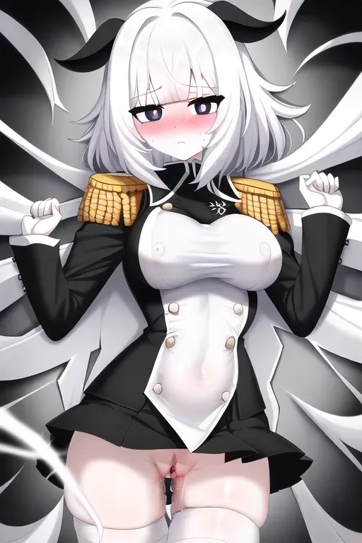 medium hair white skin,black eyes,white pupils,blushes,facing viewer,medium breast,thighjob,whire uniform,juice pussy