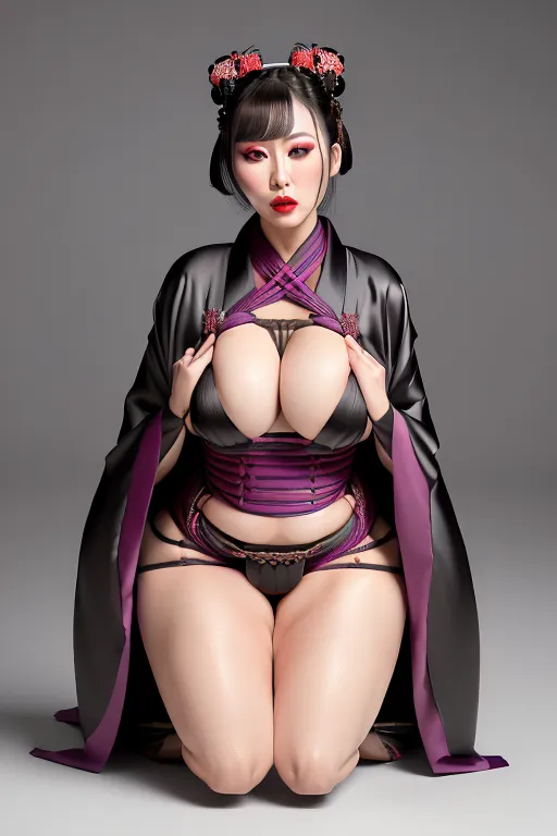 tight kimono, ((very slim waist)), kneeling, ((she is looking up at the camera)), looking at camera, detailed face, big eyes, heavy makeup, bulging big breasts, pronounced cleavage, oiled skin, oversized red lips, ((open mouth)), excited facial expression, about to come, ((hands tied behind her back)), ((shibari)), ((bondage)), ((bound with ropes))