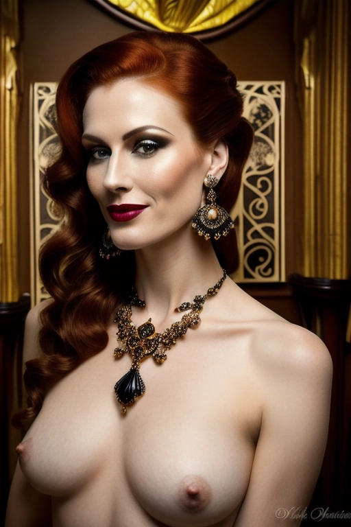 Closeup photograph, focused on her lower lip, Gorgeous skinny thin redhead, full makeup, art nouveau earrings, art nouveau necklace, elegant updo hairstyle, sexually excited, naked, sexually aroused, lascivious smile, libidinous expression, dynamic sexually provocative pose, black roses, opulent richly decorated art nouveau room