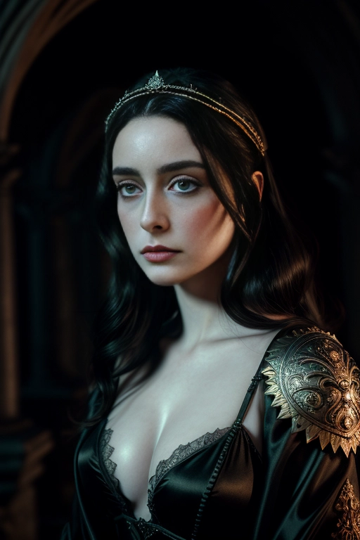masterpiece, glamorous photography of the Queen of the underworld , 18 year old, pale skin, sultry pose, seductive, dark, dense, atmospheric, epic, dramatic, creepy, horror, fantasy, medieval style, medieval clothing, in a medieval castle in ruins, ultra detailed and intricate background and clothing, trail cam footage, photo realistic, hyper ornate details, ultra detailed, highly detailed skin, reflective eyes, volumetric light, fog, smoke, cinematic, octane render, unreal engine, 8k, 16k, 32k, absurdres, depth of field, professional photography, high quality DSLR camera, model shoot style, hyper realistic, photo realistic, photo realism