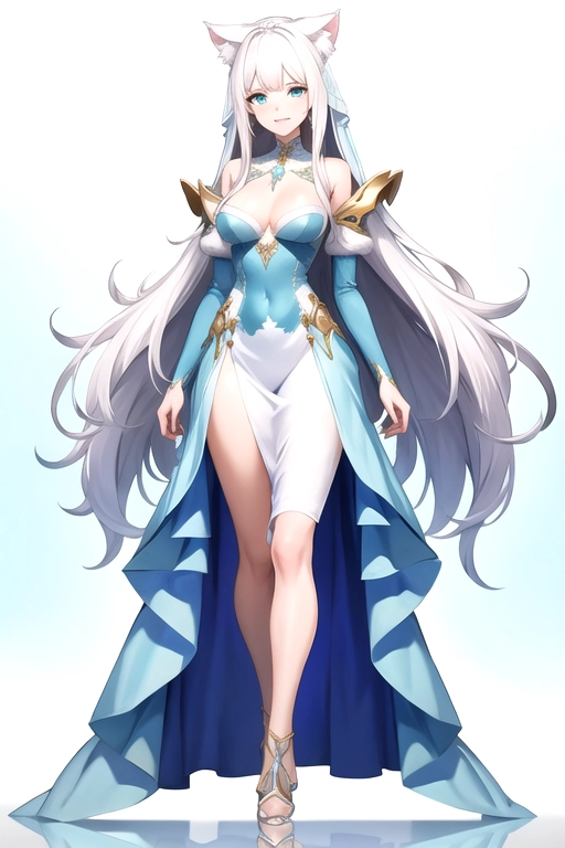 best quality, highres, ultra-detailed, neko, nekomimi, neko_ears, neko_tail, ((white_hair)), blue-green_eyes, upper_body, lower_body, small_breasts, very_long_hair, (((detailed hands))), (((18))), aduld, highly detailed, wide shot, , (((correct anatomy))), light_blue_dress, (((long_dress))), ((wide_clothes)), adventurer_outfit, thin, dress, ((sfw)), safe_for_work, (elegance), (wedding_dress), snowy_landscape, proud_smile