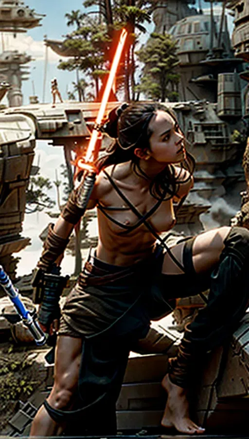 topless barefoot Rey Skywalker wearing her normal warrior pants with toned muscles while holding her lightsaber and exploring wrecked Star Destroyer on Jakku, barefoot, barefoot, barefoot, topless, topless, topless,