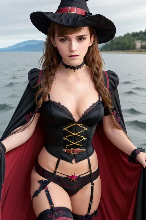 8k, high Quality, high detail ,high resolution, detailed face, detailed outfit, detailed legs, big boobs,full body, looking at the camera, ((Emma Watson in a witch outfit)), electric red garter belt, (( walking on the see )),(( , long curly hair,