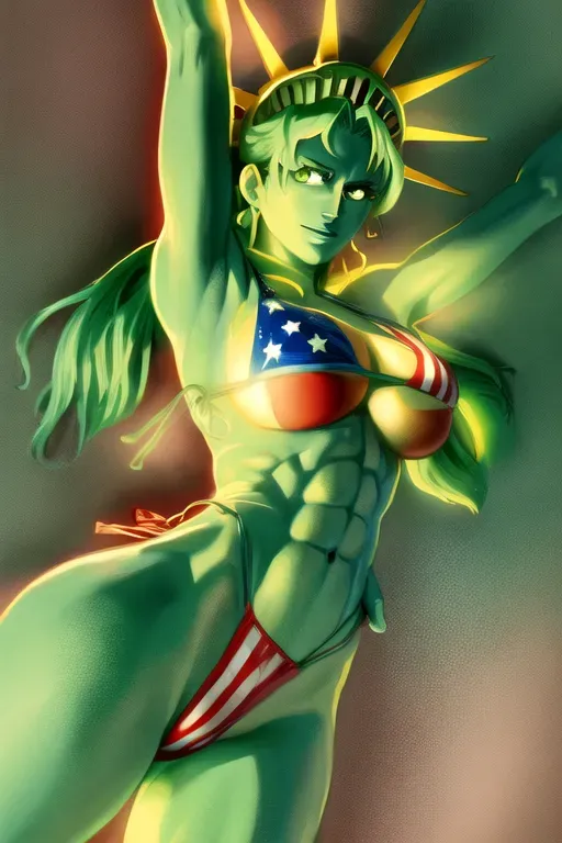 Lady Liberty, American flag bikini, One Piece anime art style, green skin,
(((five fingers per hand))),two arms, two legs,erotic,(pixiv),best quality,masterpiece,(professional lighting),realistic abs