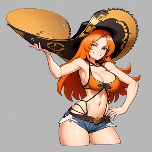 distant shot of a highly detailed slim woman with a big grin with orange hair looking back with a straw hat wearing with large cleavage and tiny waist and flip flops with tiny ripped jean shorts in a dark pirate ship background