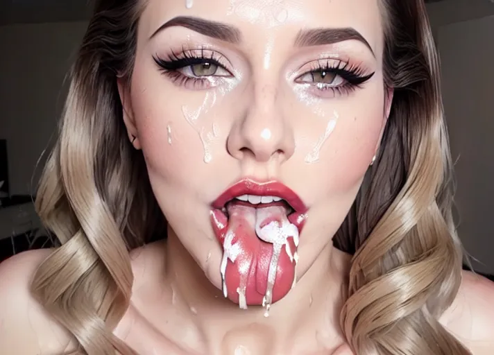 high quality nsfw image of a young woman with a lot of long wavy black hair, false eyelashes, bangs, red lipstick, (((dpmg_face_cum_v1))), dpmg_awaitingtongue_v1, (((bukkake on face))), (((accurate facial detail))), (((cum on lips))),