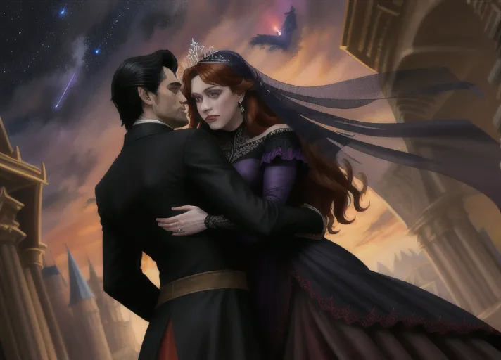 low angle set against the dark nighttime sky, Strong distinguished debonair black hared Dracula dressed in black and red prepares to claim sweet beautiful good girl auburn haired sapphire eyed hypnotized Queen Anna of Arendelle portrayed by Christina Hendricks in a black wedding gown and lace veil over her face taking her in his arms her neck arched in anticipation as his new vampire bride. photorealistic.
