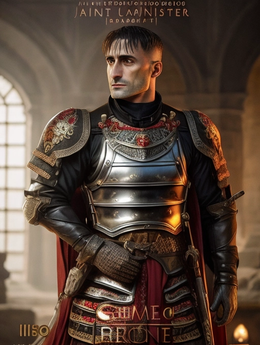 intricate highly detailed photorealistic realistic ultra realistic sharp focus with mark strong dressed in medieval lion armor with red accents