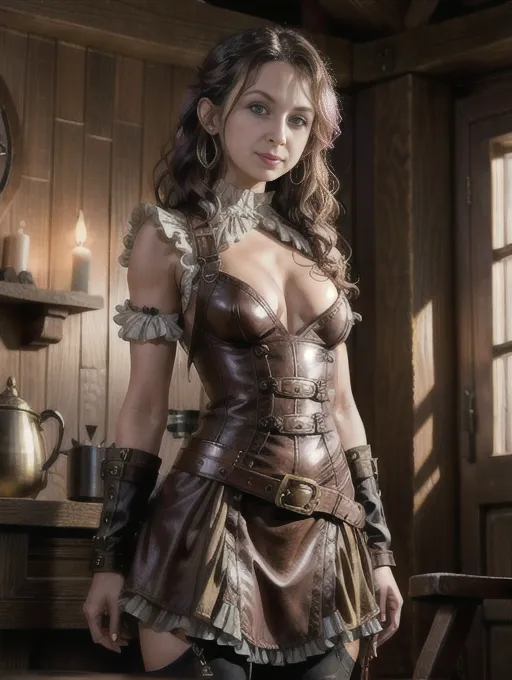 (Hypnotized), (photo realistic:1.37), (modern), female getting fucked, sexy, (small breasts:1.5), glistening skin, olive skin, (dark hair, wavy hair, long curls, mussed hair)), (eager nose, pierced ears), Victorian study setting, nighttime, (sultry expression, wide eyes, sly smile), low light, (she is wearing frilly pink dress, leggings, brown leather harness, copper and brass steampunk accessories, heavy boots), ((1man fucking her, getting fucked by an old man, (standing sex:1.3), dpmg_side_doggy_v1)),
(best quality), <lora:dpmg_add_detail:0.5>, beautiful,(high resolution), (((masterpiece))), (uhd), (8k)