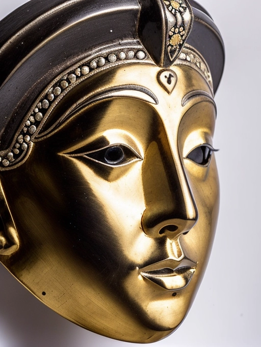 The porcelain mask features delicate and intricate details, but it lacks eyes. The left cheek and jaw have been repaired using the ancient Japanese art of Kintsugi, which gives the mask a unique appearance. The mask has a halo of silver that surrounds the temple and encircles the head, giving it an ethereal glow. Despite being repaired, the mask still exudes beauty and resilience, symbolizing the strength of the human spirit. It holds a deep spiritual significance and seems to be infused with mystical powers that can heal and protect whoever wears it.