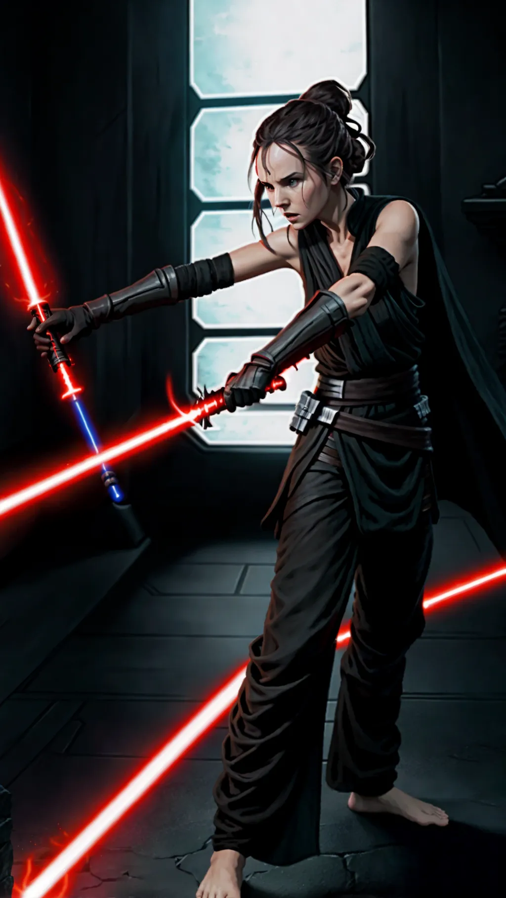 tan barefoot Sith Rey Skywalker wearing black Sith outfit while using a lightsaber to fight on Corusant, barefoot, (long dark Sith warrior pants: 1.3), (gloves: 1.2),