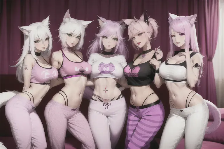 4 slutty catgirls, pink and white hair, tail, arm tattoos, piercings, pink and purple croptop t-shirt, pj pants, in a hotel room,
