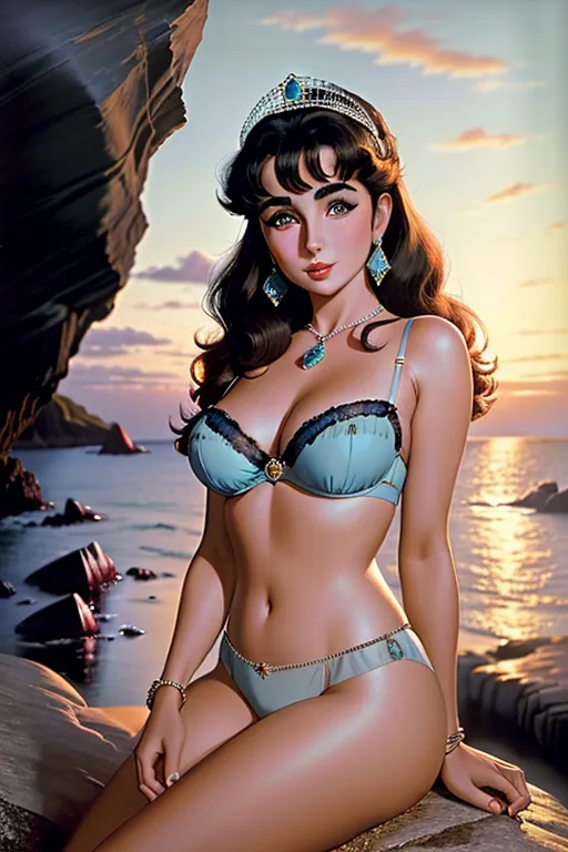 a colour painting of, a young Elizabeth Taylor, ((accurate face)), ((dark hair)), wearing skimpy (((pale blue))) jewelled lingerie, sitting on a rock by the sea, rocky coastline, at sunset