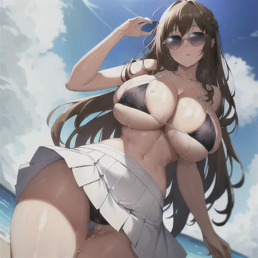 upskirt, blue g string pulled aside, perfect pussy, wet pussy, drenched pussy, dripping down thigh, from below, white skirt, looking down, brown hair in a french braid, sunglasses, at the beach, black bikini top, hard nipples, many people, huge tits, gigantic breasts,