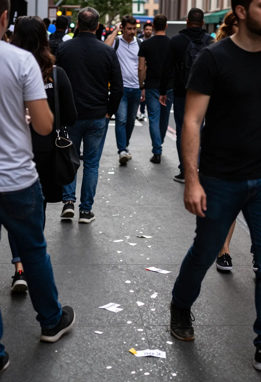 lived-in urban clutter, imperfect crowd spacing, people caught mid-step, overlapping figures, candid gestures, scuffed pavement, discarded flyers, harsh reflections,
