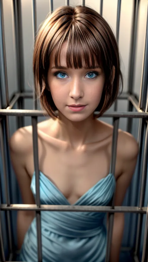 <lora:dpmg_add_detail:1>, solo, sexy naked girl , (barely legal), in a cage, sky blue eyes, (short brown hair with bangs), fair skin, ((seductive eyes)), trapped in a cage, beautiful, sensual, enslaved