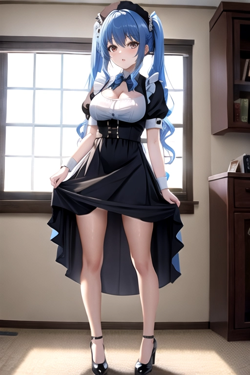 8k quality, brown eyes, pale white skin, blue hair, giant breasts, cleavage, looking at viewer, pov, long hair, wavy hair, black maid uniform, high heels, miniskirt, standing in living room, full body photo, pigtails