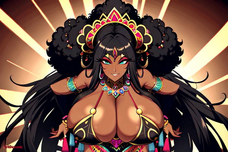 evil sexy black goddess with huge afro enormous tits and giant ass wearing tribal outfit twerking