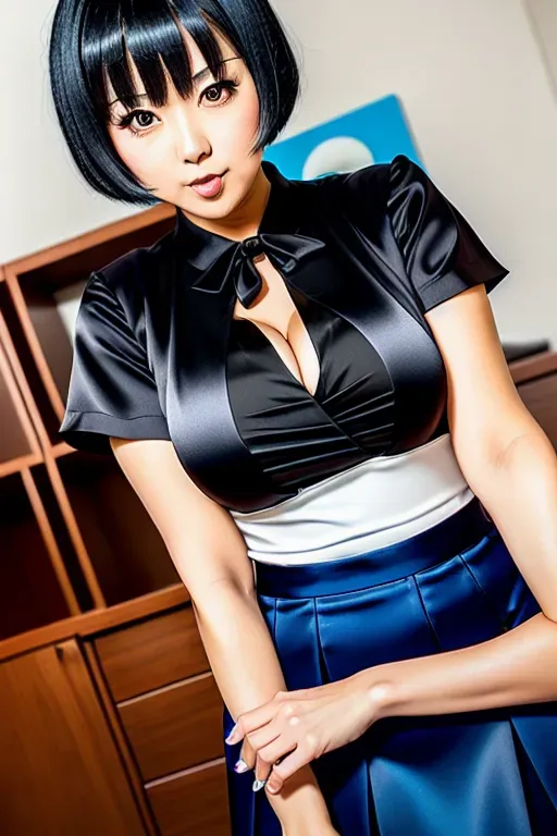 best quality, smooth skin, short black hair, blunt bangs, black hair with blunt bangs, motherly expression, St Louis silver dress, St Louis Azur Lane, large breasts, Japanese girl, Asian girl, small woman, blue eyes, milf, satin blouse, plunging blouse, cleavage, leather skirt, pencil skirt,