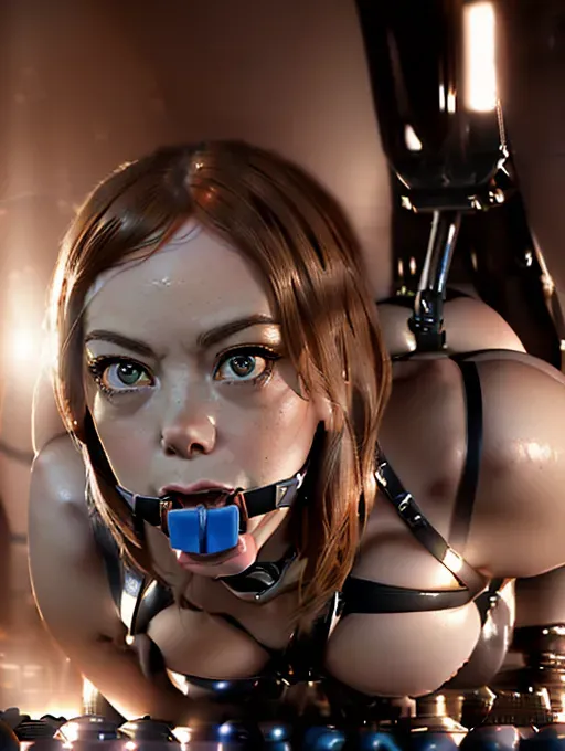 realistic HD photograph of,(((Emma Stone))(((accurate face))), (((perky breasts))), (((skinny build))), beautiful face, beautiful lips,detailed large eyes,curved eyebrows,cgsociety,cinematic lighting,studio lighting,professional,editorial,(((NUDE)))(((WEARING A SLAVE HARNESS)))(((BALL GAG IN MOUTH)))