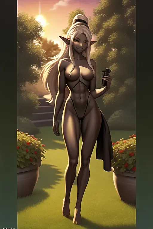 photograph, 20 year old, an elf, fit, naked, black, garden, sunset, sunlight, happy, 8k, professional
