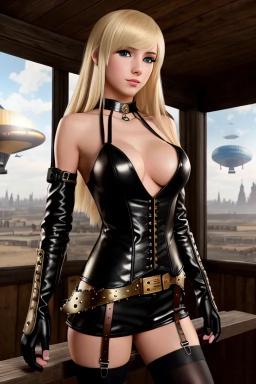 A high resolution 8K photo of, teen American blonde girl, slender, petite, steampunk outfit, steampunk background with airships, looking at the camera