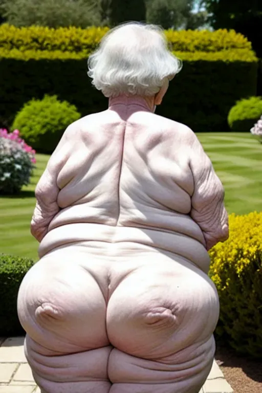 (great grandmother),(90 years old),(naked),(wrinkled body), flabby, in garden, (bumpy wrinkled fat ass) , bent over, showing ass