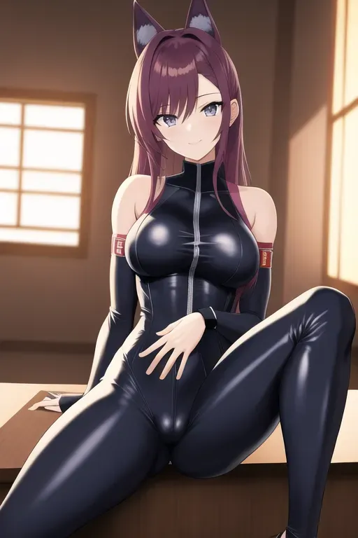 illustration, 20 year old, an anime girl, fit, bodysuit, house party, day time, studio light, happy, 8k, professional, sitting down, pussy