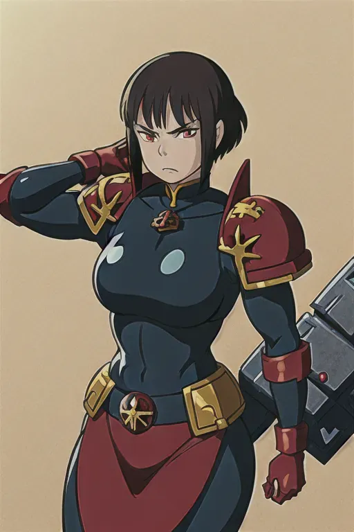 ghibli style, warhammer 40k, sister of battle, muscular, red eyes, short hair, 1girl, angry, solo, ((masterpiece)) <lora:dpmg_ghibli_style:0.92>