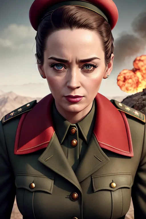 a digital art of,emily blunt,wearing soviet uniform,shooting from a high point,in a tea party,five slender fingers,updo hair,charming face,beautiful lips,detailed large eyes,curved eyebrows,smooth skin,cosy,tattoo,8k,surreal,ultra realistic,sharp focus,unreal engine