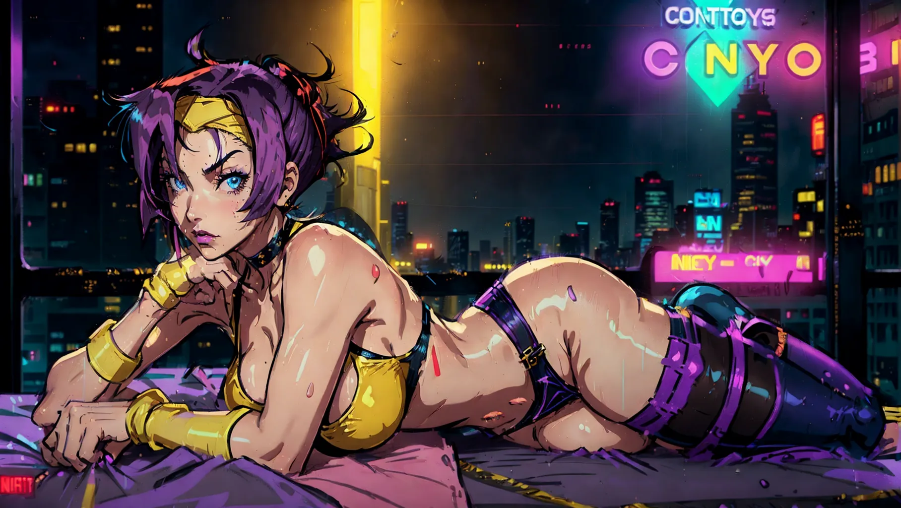 (((faye valentine from cowboy bebop))), neon lighting, cyberpunk,purple hair, best quality, high res, solo woman, city background, low lighting, rain outside, space, dark, blue eyes, latex bra, revealing clothes, laying down,bedroom, yellow headband, gun on hip, cyperpunk setting, pin up pose,bob haircut, steam, sweat, panties, cinematic,