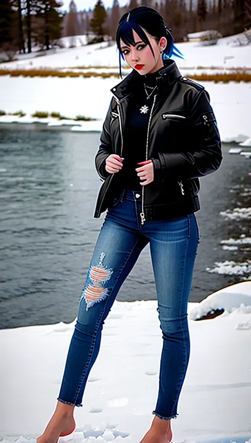 sole female, jeans, white punk girl, blue highlights, dark jeans, black jeans, pants, barefoot, bare feet, toes, feet, bare feet in snow, standing, ice, snow, no footwear, coat, slender, goth, black lipstick, choker, white skin, pale skin, fingerless gloves, black hair, fighting pose, frozen lake, feet in snow, legs apart, bedroom eyes, tattoo on foot, snow between toes, toes frozen inside ice cubes,