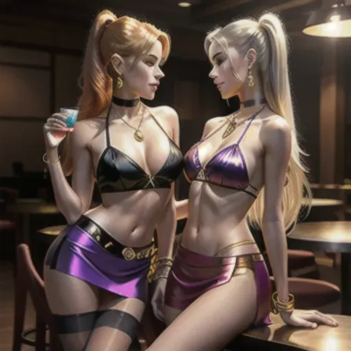 Two young women visiting a night club, dancing women in background
the first woman is a cute blonde with tiny breasts and hair in pigtails with purple bands,looking like young nina agdal, 20 years old, scandinavian descent, shy, happy and innocent, tight black mini skirt, white blouse, sexy stockings, high heels, neon purple choker, garter, large golden necklace and ear rings
the second woman is a petite sexy japanese girl with tiny breasts and curly orange hair reaching beyond the shoulders, looking like asian megan fox, (30 years old), strong makeup with dark eyeliner, long painted finger nails, tight skirt and low cut tight blouse showing some cleavage, stockings and high heels, green silk scarf around neck, hour glassed shaped body, very sexy, thin silk gloves
very high cheek bones, very beautiful eyes, beautiful face, very detailed face, sexy full lips, soft skin, very sexy, long slender legs, ultra realistic face, very thin body, very ultra long legs, several silver arm bracelets on lower arms, thick gold bracelett fastened on upper arm, silver chain between bracelets, silk scarf tied around upper arm, erect nipples, eye liner, arched eyebrows, large golden earrings with red rubins, petite breasts
sitting on chairs at a round table in the corner, laughing and chatting with each other, first woman holding a glass containing a red drink, her hand is playing with her hair, second woman touches leg of first woman, holding up her arm caressing the cheek of the first woman and whispering in ear
view from side, two women, left woman is blonde, caressing check, drinking red drink, playing with hair, touching waist of other woman