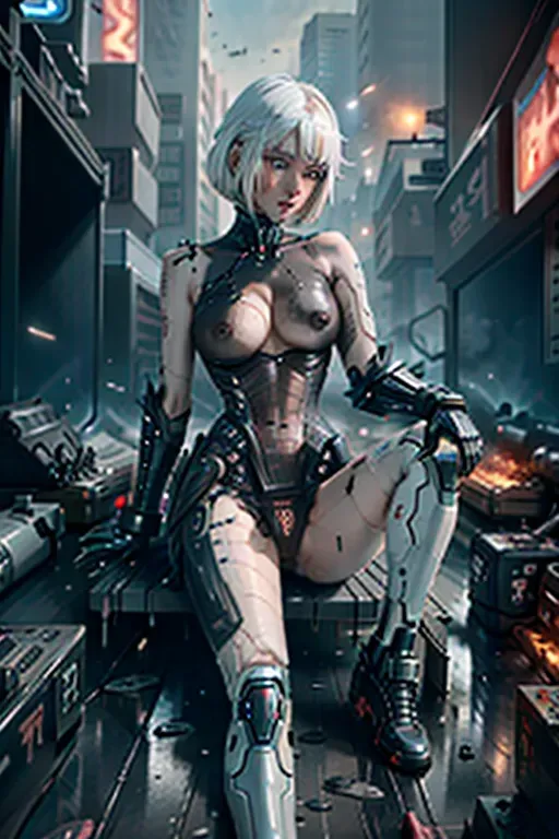 a digital painting of lucyna kushinada from cyberpunk holding a pistol in a gunfight with torn clothes. shredded clothes. black bodysuit. sleeveless. armless. (ripped clothing:1.2). wounds. scrapes. (scratches:1.2). <lora:dpmg_black_see_through:1>. cityscape. action scene. combat. tracers. action. <lora:dpmg_scifi:0.6>. athletic. natural breasts. small tits. saggy tits. 20. blue eyes. (white hair:1.2). bangs. short hair. bob haircut. angled bob haircut. five fingers per hand. beautiful face. pretty face. small mouth. thin lips. curved eyebrows. editorial. pixiv. 8k. ultra realistic. masterpiece. (german:0.4). (korean:1). (japanese:0.6). lucy from cyberpunk. (cyborg:0.2). (cyberpunk:0.8). (robot skin:1). (nude:0.8). nsfw. (robot body:0.6). pink eyeliner. skinny. (muscular:0.2). crotchless. vagina. realistic pussy. (mechanical:0.8). sweaty. cyberskin. bottomless. white eyebrows. exposed arms. exposed legs. explosions. fire. injured. (fighting:1.2). firefight. (wounded:1.2). action pose. gun. battle. intense