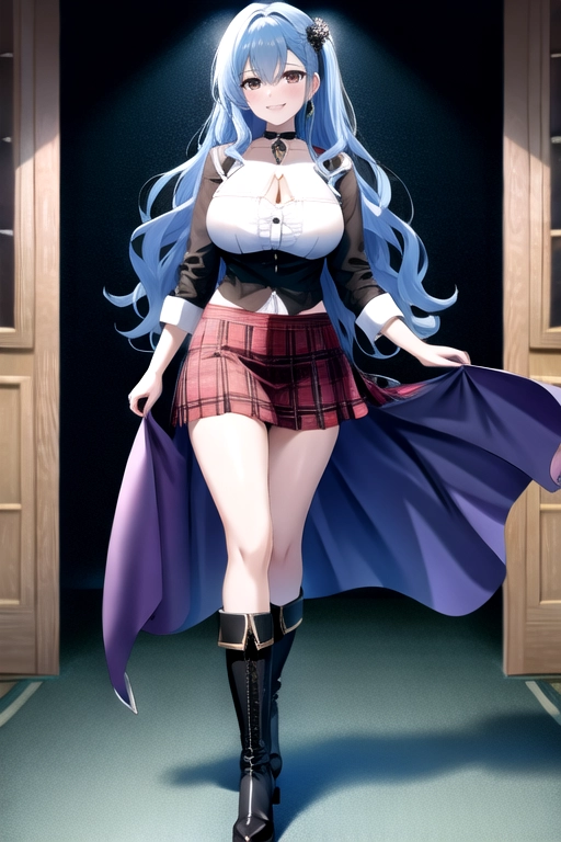 8k quality, brown eyes, pale white skin, blue hair, giant breasts, cleavage, looking at viewer, pov, long hair, wavy hair, full body photo, standing in room, smiling, black shirt, blue plaid miniskirt, high heels, knee high boots, choker