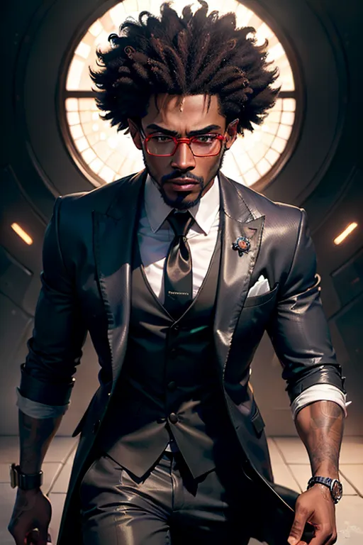 8k, handsom male facial features, dark skin African American Male, Mafia tailored suit, Brown-Skinned, Goblin ears, Glock pistols, Space Ship background, white-and black short afro, Large glasses, mad scientist, biochem, look at the camera, red-colored eyes, dark brown skin, (handsome detailed eyes, symmetrical eyes), dramatic lighting, (photorealism:1.5), (photorealistic:1.4), (8kRAW photomasterpiece), High detail RAW color photo, a professional photorealistic, (highest quality), (best shadow), (best illustration), ultra high resolution, highly detailed CG unified 8K wallpapers, physics-based rendering, photo, realistic, realism, high contrast, hyperrealism, photography