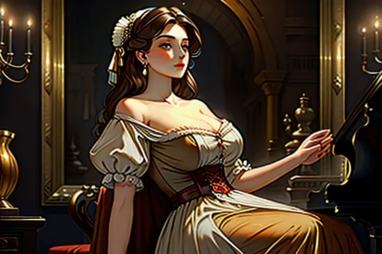 Beautiful woman with medium boobs wearing old fashioned dress classical oil painting style