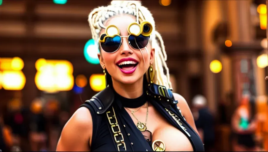 8k super high quality, erotic hyper realistic photo of Penelope Cruz at a steampunk convention, hair is dreadlocks, very long dreadlocks hairstyle, white hair, white hair, hair is white, dreadlocks are white, white dreadlocks hair, punk style clothes, clothes are punk, realistic, super realistic, perfect big ass, tongue, tongue out, perfect lighting, realistic lighting, perfect pretty face, beautiful, sunglasses on face, wearing sunglasses, realistic background, high quality background, whole body on camera, great abs, perfect body, strong physique, perfect boobs, thin waist, small waist, tiny waist, strong looking arms, beautiful face, smooth stomach, tongues out, wink with right eye, big smile, large smile, strong back, white dreadlocks, cleavage, boobs, bra